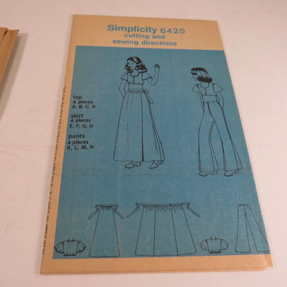 Simplicity 6425 Sewing Pattern UNCUT Bellbottoms, Wrap Skirt, small top 